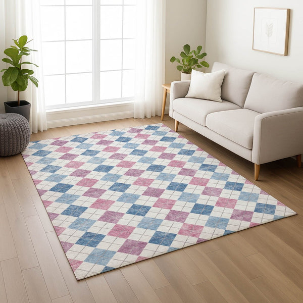 HomeRoots 5' Stylish Geometric Blue, Pink & Ivory Indoor-Outdoor Area Rug - Washable, Durable & Versatile 639822