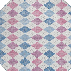 HomeRoots 8' Bold Blue, Pink & Ivory Geometric Washable Round Area Rug for Indoor & Outdoor Style 639823