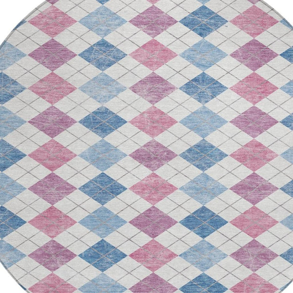 HomeRoots 8' Bold Blue, Pink & Ivory Geometric Washable Round Area Rug for Indoor & Outdoor Style 639823