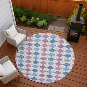 HomeRoots 8' Bold Blue, Pink & Ivory Geometric Washable Round Area Rug for Indoor & Outdoor Style 639823