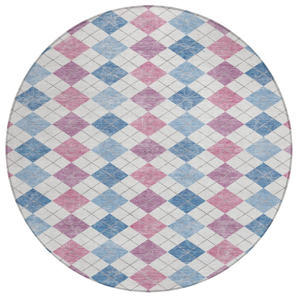 HomeRoots 8' Bold Blue, Pink & Ivory Geometric Washable Round Area Rug for Indoor & Outdoor Style 639823