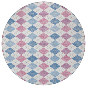 HomeRoots 8' Bold Blue, Pink & Ivory Geometric Washable Round Area Rug for Indoor & Outdoor Style 639823