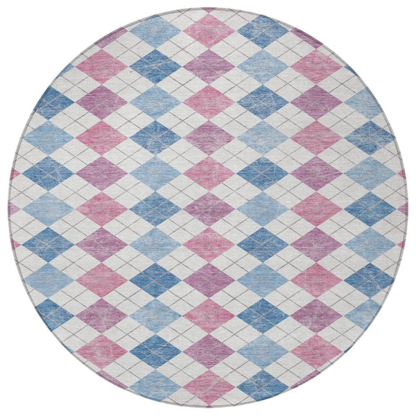 HomeRoots 8' Bold Blue, Pink & Ivory Geometric Washable Round Area Rug for Indoor & Outdoor Style 639823