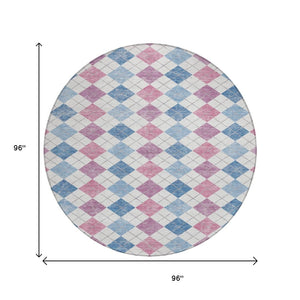 HomeRoots 8' Bold Blue, Pink & Ivory Geometric Washable Round Area Rug for Indoor & Outdoor Style 639823