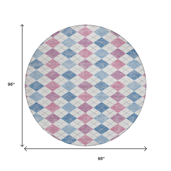 HomeRoots 8' Bold Blue, Pink & Ivory Geometric Washable Round Area Rug for Indoor & Outdoor Style 639823
