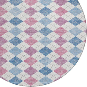 HomeRoots 8' Bold Blue, Pink & Ivory Geometric Washable Round Area Rug for Indoor & Outdoor Style 639823