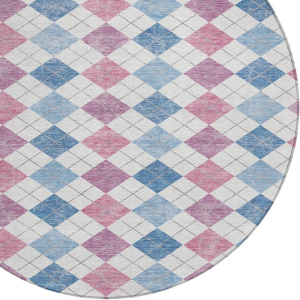 HomeRoots 8' Bold Blue, Pink & Ivory Geometric Washable Round Area Rug for Indoor & Outdoor Style 639823