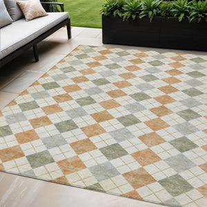 HomeRoots 5' X 8' Coral Ivory Silver Geometric Rug - Stylish, Washable, Durable for Indoor & Outdoor Use 639828