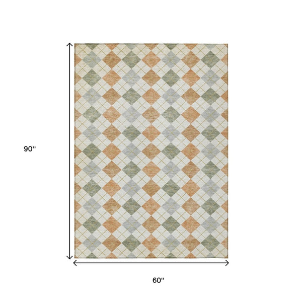 HomeRoots 5' X 8' Coral Ivory Silver Geometric Rug - Stylish, Washable, Durable for Indoor & Outdoor Use 639828