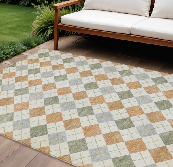 HomeRoots 9' X 12' Coral Ivory Silver Geometric Area Rug - Stylish, Washable, Indoor/Outdoor Design for All Spaces 639831