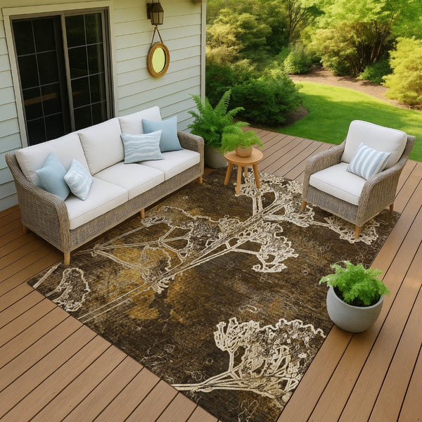 HomeRoots 5' X 8' Washable Chocolate and Beige Floral Area Rug – Durable, Stylish, Perfect for Indoor & Outdoor Use 639834