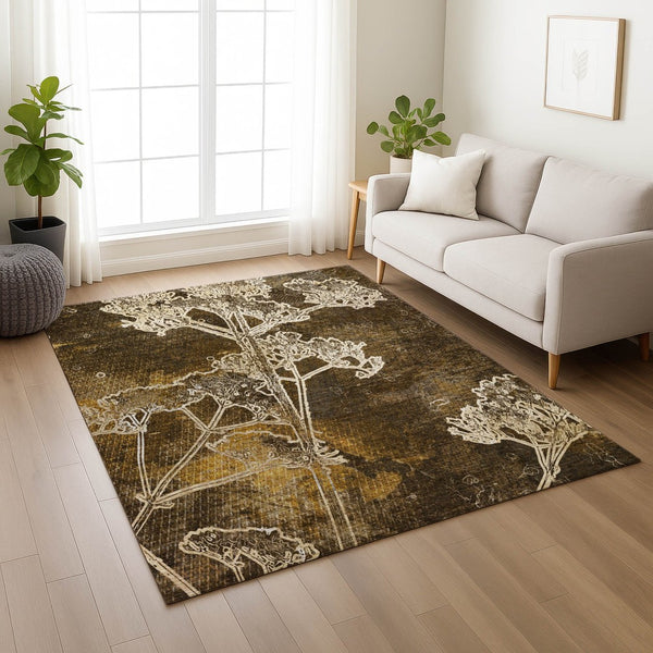 HomeRoots 5' X 8' Washable Chocolate and Beige Floral Area Rug – Durable, Stylish, Perfect for Indoor & Outdoor Use 639834