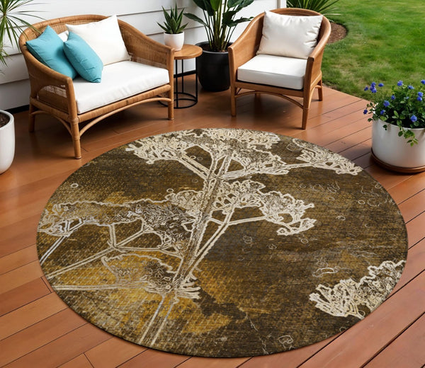 HomeRoots 8' Round Floral Washable Area Rug in Chocolate & Beige - Durable Indoor/Outdoor Style & Comfort 639835