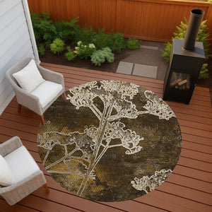 HomeRoots 8' Round Floral Washable Area Rug in Chocolate & Beige - Durable Indoor/Outdoor Style & Comfort 639835