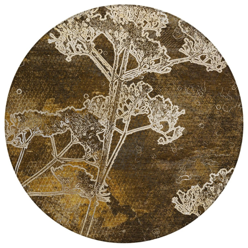 HomeRoots 8' Round Floral Washable Area Rug in Chocolate & Beige - Durable Indoor/Outdoor Style & Comfort 639835