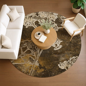 HomeRoots 8' Round Floral Washable Area Rug in Chocolate & Beige - Durable Indoor/Outdoor Style & Comfort 639835
