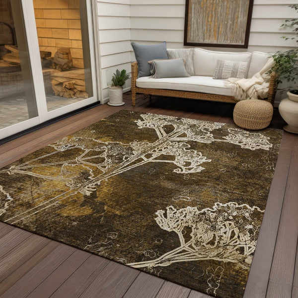 HomeRoots 9' X 12' Chocolate Floral Area Rug - Durable, Washable, Indoor/Outdoor Design for Versatile Living Spaces 639837