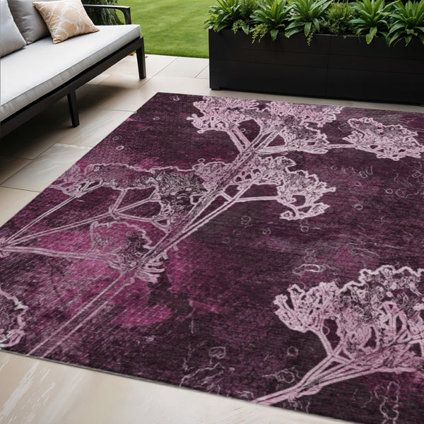 HomeRoots 5' Eggplant and Plum Floral Washable Area Rug for Indoor & Outdoor Use - Easy Care, Durable Design 639840