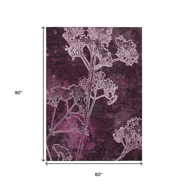 HomeRoots 5' Eggplant and Plum Floral Washable Area Rug for Indoor & Outdoor Use - Easy Care, Durable Design 639840