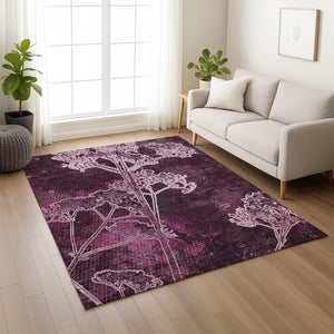HomeRoots 5' Eggplant and Plum Floral Washable Area Rug for Indoor & Outdoor Use - Easy Care, Durable Design 639840