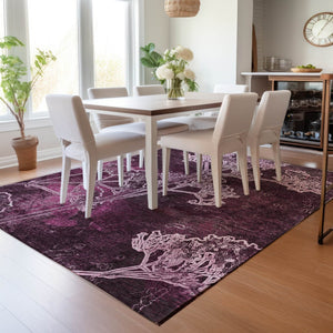 HomeRoots 5' Eggplant and Plum Floral Washable Area Rug for Indoor & Outdoor Use - Easy Care, Durable Design 639840