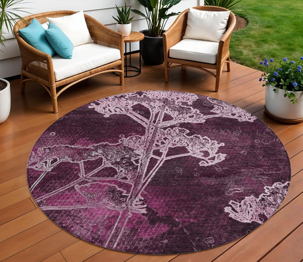 HomeRoots 8' Eggplant and Plum Round Floral Area Rug - Washable, Durable, Perfect for Indoor & Outdoor Spaces 639841