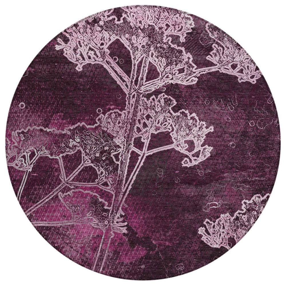HomeRoots 8' Eggplant and Plum Round Floral Area Rug - Washable, Durable, Perfect for Indoor & Outdoor Spaces 639841