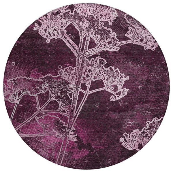 HomeRoots 8' Eggplant and Plum Round Floral Area Rug - Washable, Durable, Perfect for Indoor & Outdoor Spaces 639841