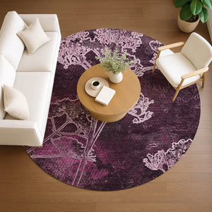 HomeRoots 8' Eggplant and Plum Round Floral Area Rug - Washable, Durable, Perfect for Indoor & Outdoor Spaces 639841