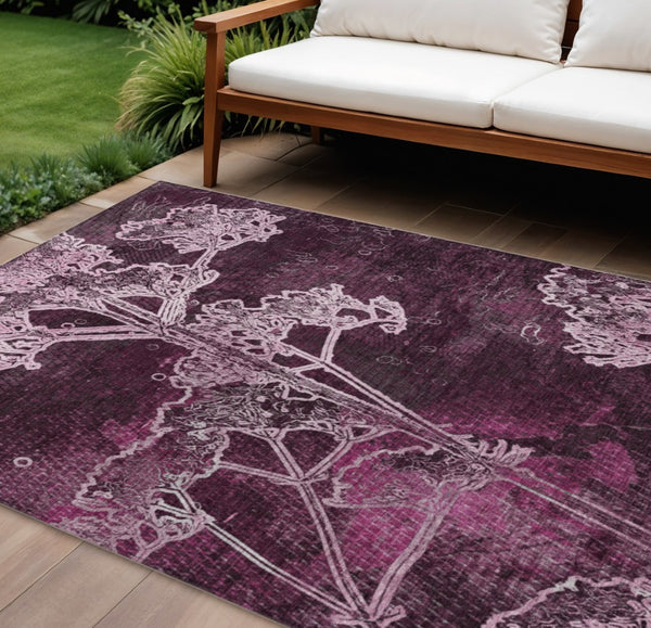 HomeRoots 9' X 12' Floral Washable Area Rug in Eggplant & Plum - Durable, Stylish for Indoor & Outdoor Spaces! 639843