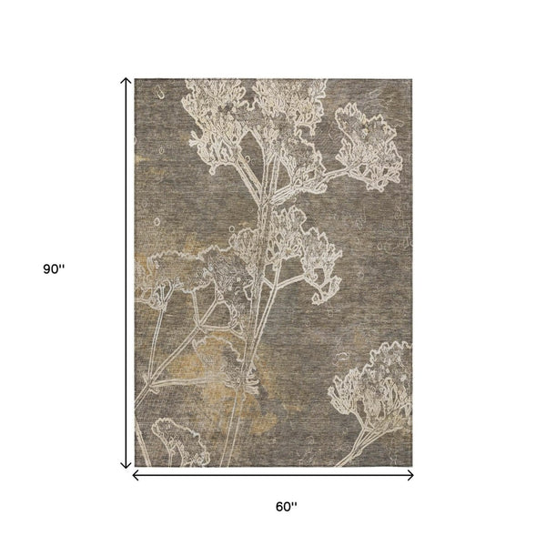 HomeRoots 5' Khaki and Beige Floral Indoor Outdoor Area Rug - Washable, Durable, Perfect for High-Traffic Spaces 639846