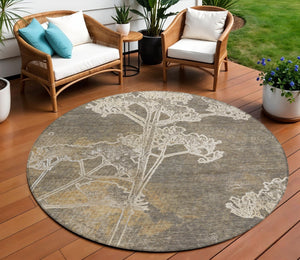 HomeRoots 8' Khaki Round Floral Washable Rug – Perfect for Indoor/Outdoor Spaces, Easy-Care & Durable Design 639847