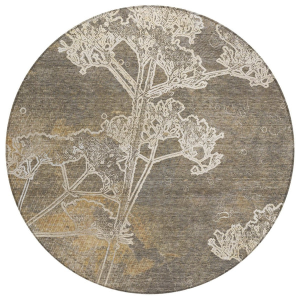HomeRoots 8' Khaki Round Floral Washable Rug – Perfect for Indoor/Outdoor Spaces, Easy-Care & Durable Design 639847