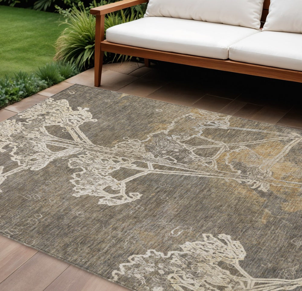 HomeRoots 10' Khaki and Beige Floral Washable Area Rug - Stylish, Durable, Indoor/Outdoor Design for High Traffic Spaces 639850