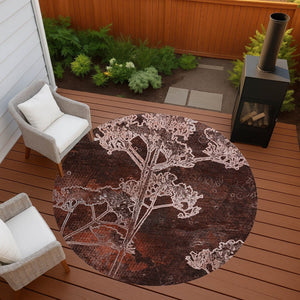HomeRoots 8' Merlot and Beige Round Floral Area Rug – Washable, Durable, Stylish for Indoor & Outdoor Spaces 639853