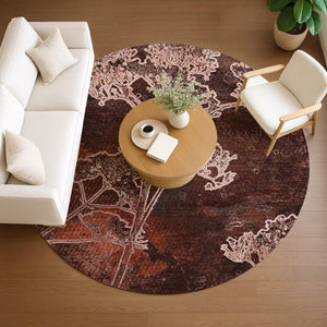 HomeRoots 8' Merlot and Beige Round Floral Area Rug – Washable, Durable, Stylish for Indoor & Outdoor Spaces 639853