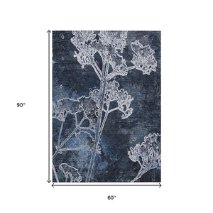 HomeRoots 5' X 8' Navy Blue & Ivory Floral Rug - Stylish, Washable, Indoor/Outdoor, Stain-Resistant Design! 639858