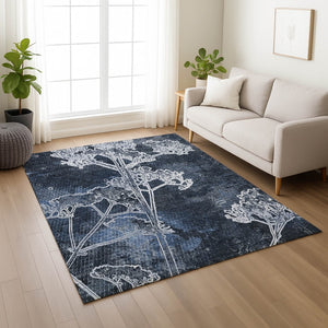 HomeRoots 5' X 8' Navy Blue & Ivory Floral Rug - Stylish, Washable, Indoor/Outdoor, Stain-Resistant Design! 639858