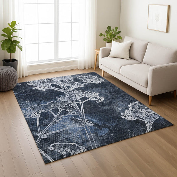 HomeRoots 5' X 8' Navy Blue & Ivory Floral Rug - Stylish, Washable, Indoor/Outdoor, Stain-Resistant Design! 639858