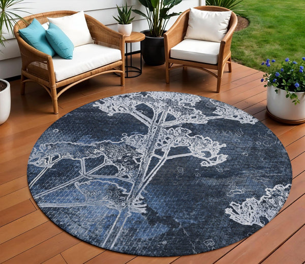 HomeRoots 8' Navy Blue and Ivory Round Floral Area Rug - Durable, Washable Design for Indoor & Outdoor Use 639859