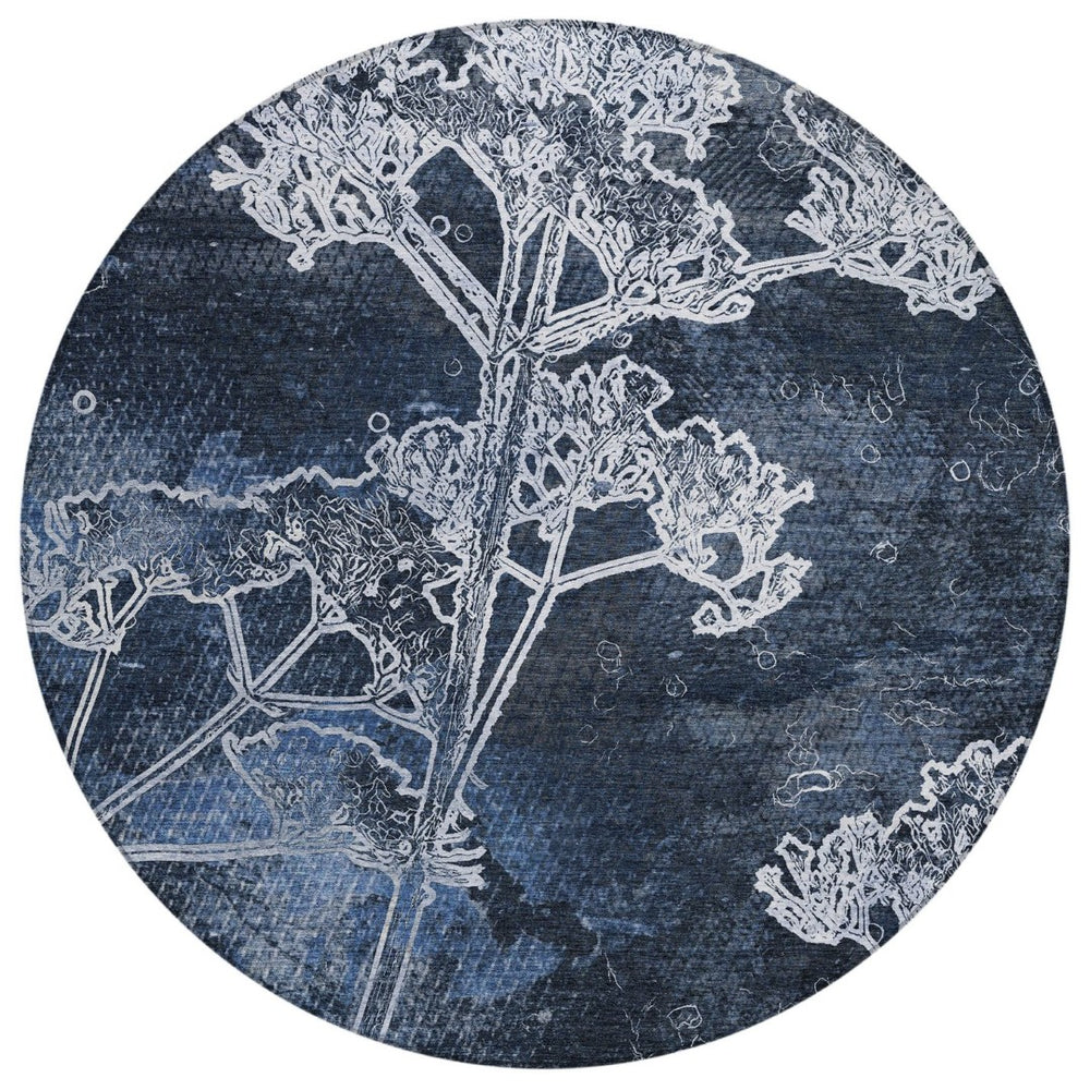 HomeRoots 8' Navy Blue and Ivory Round Floral Area Rug - Durable, Washable Design for Indoor & Outdoor Use 639859