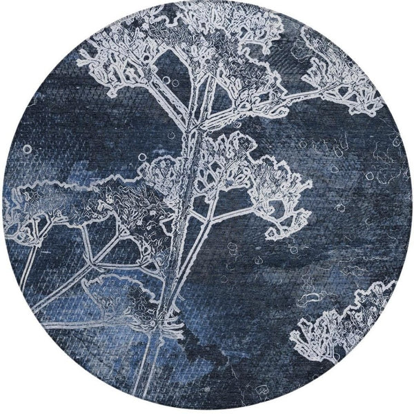 HomeRoots 8' Navy Blue and Ivory Round Floral Area Rug - Durable, Washable Design for Indoor & Outdoor Use 639859