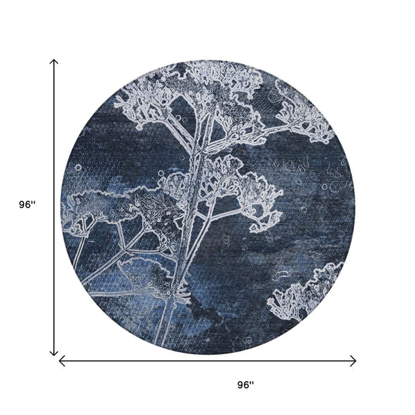 HomeRoots 8' Navy Blue and Ivory Round Floral Area Rug - Durable, Washable Design for Indoor & Outdoor Use 639859