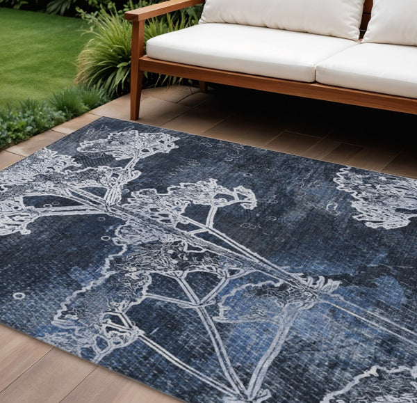 HomeRoots 10' Navy Blue & Ivory Floral Washable Area Rug – Durable Indoor/Outdoor Elegance for Any Space! 639862