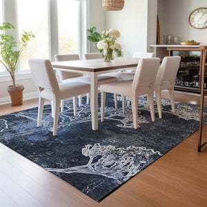 HomeRoots 10' Navy Blue & Ivory Floral Washable Area Rug – Durable Indoor/Outdoor Elegance for Any Space! 639862