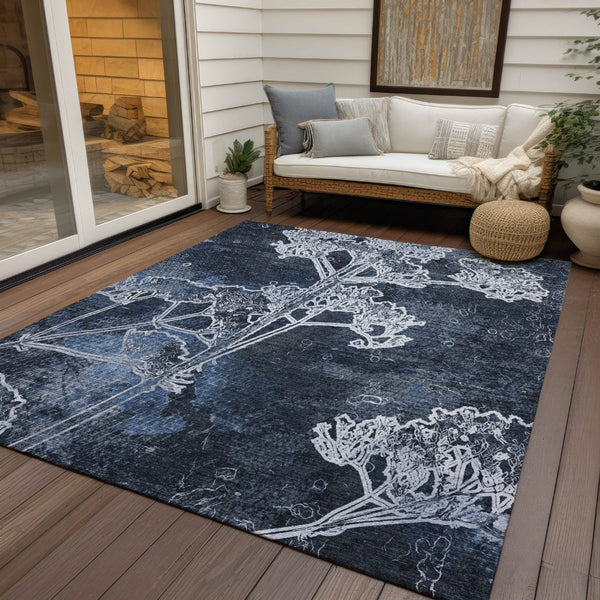 HomeRoots 10' Navy Blue & Ivory Floral Washable Area Rug – Durable Indoor/Outdoor Elegance for Any Space! 639862