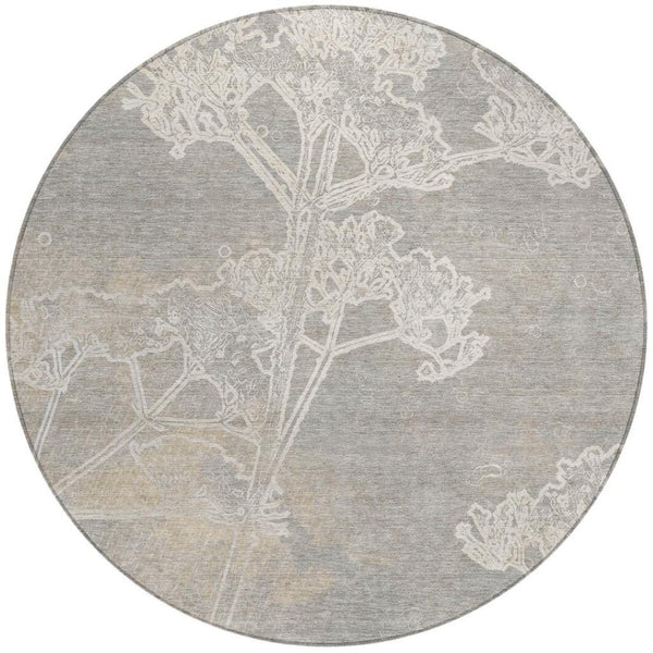 HomeRoots 8' Round Floral Washable Area Rug in Silver and Gray - Elegant Indoor/Outdoor Style, Easy Care! 639865