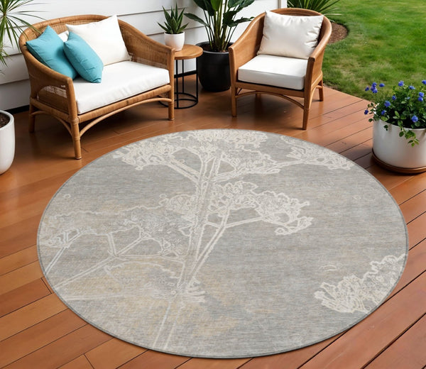 HomeRoots 8' Round Floral Washable Area Rug in Silver and Gray - Elegant Indoor/Outdoor Style, Easy Care! 639865