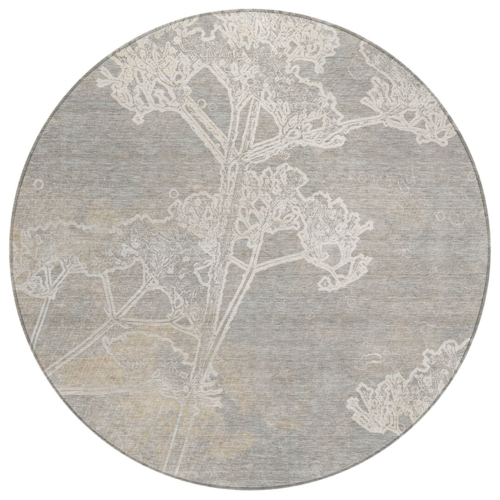 HomeRoots 8' Round Floral Washable Area Rug in Silver and Gray - Elegant Indoor/Outdoor Style, Easy Care! 639865