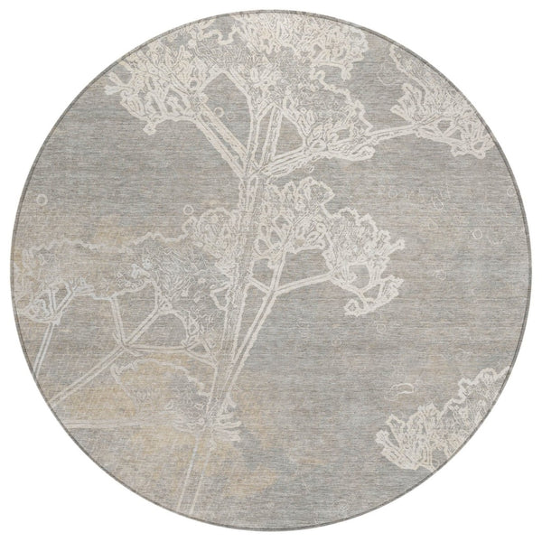 HomeRoots 8' Round Floral Washable Area Rug in Silver and Gray - Elegant Indoor/Outdoor Style, Easy Care! 639865